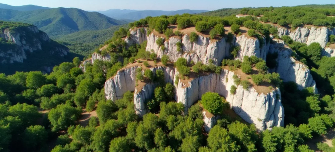 Vue aérienne du bois de Paiolive en Ardèche, forêt dense de chênes kermès sur plateau calcaire avec chaos rocheux blancs