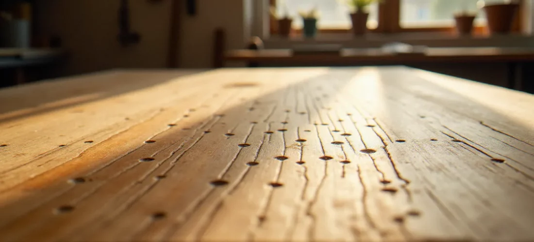 Surface en chêne massif présentant un bois effet martelé, avec de petites empreintes régulières réparties sur toute la surface, éclairage naturel chaud en atelier