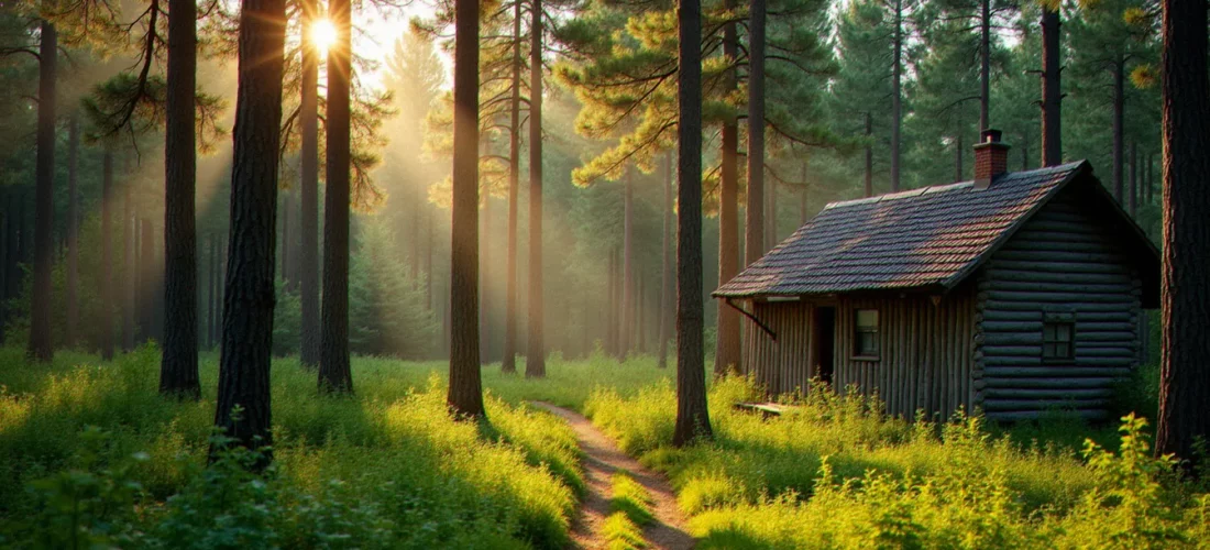 Forêt dense de pins et de chênes en France abritant un cottage en bois de style Center Parcs, illustration du bois France Center Parcs dans son environnement naturel