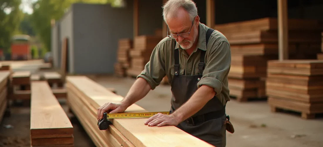 Artisan charpentier inspectant une livraison de bois France Pro douglas dans une cour d'atelier ensoleillée du sud de la France