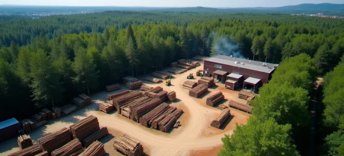 Vue aérienne d'une ville française entourée de forêt avec un chantier de stockage de bois france ville au premier plan