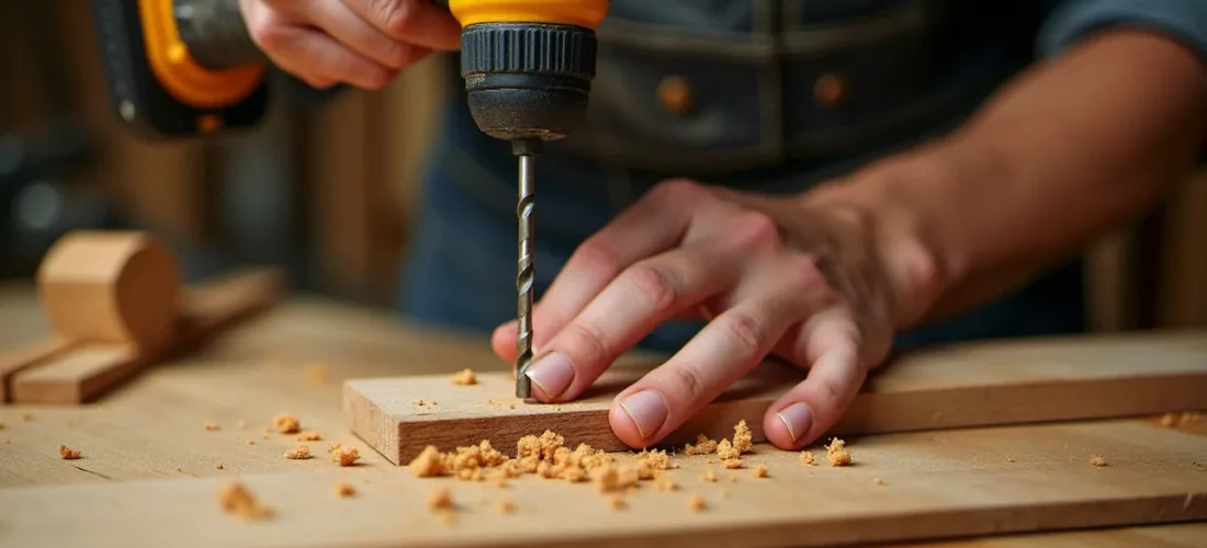 Artisan utilisant un guide de perçage bois sur une planche de chêne massif en atelier, copeaux en spirale visibles autour du foret