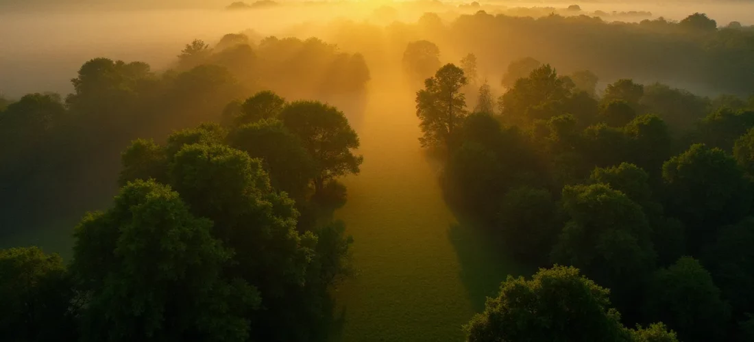 Vue aérienne d'une forêt dense européenne évoquant les anciens bois ducaux liés à Bois-le-Duc