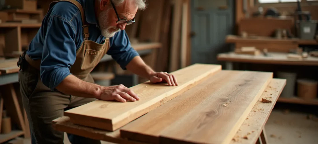 Un artisan bois compare plusieurs essences — chêne, douglas, noyer — dans son atelier, en lumière naturelle, pour choisir le bois meilleur selon l'usage.