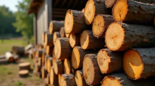Grumes de bois de robinier empilées en extérieur illustrant le bois nature classe 4 avec sa fibre dense et sa couleur naturelle caractéristique