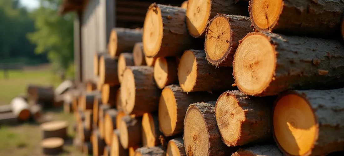 Grumes de bois de robinier empilées en extérieur illustrant le bois nature classe 4 avec sa fibre dense et sa couleur naturelle caractéristique