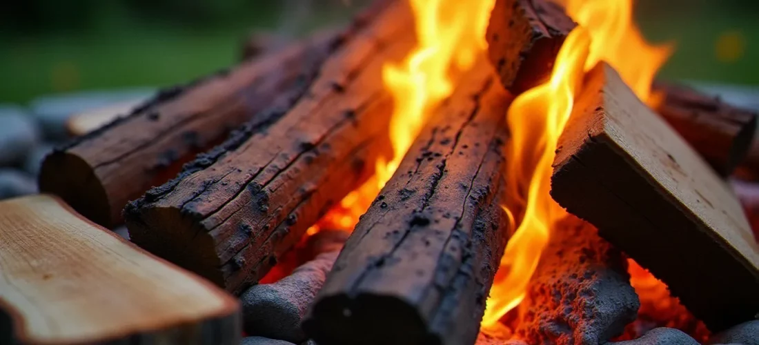 Barbecue en bois naturel avec des bûches de chêne et cerisier en combustion produisant des braises rouges sur une grille en fonte