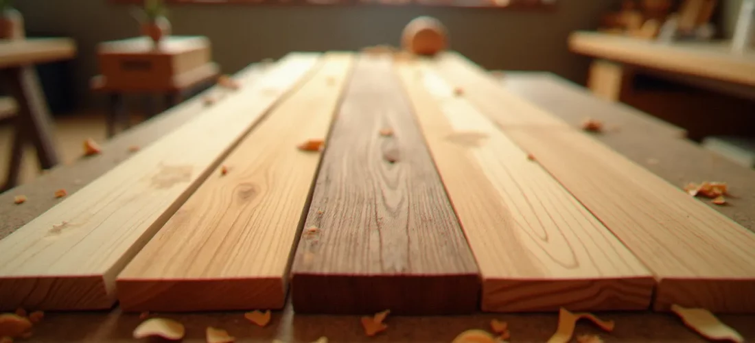 Différentes teintes de bois naturel couleur présentées côte à côte sur une table d'atelier