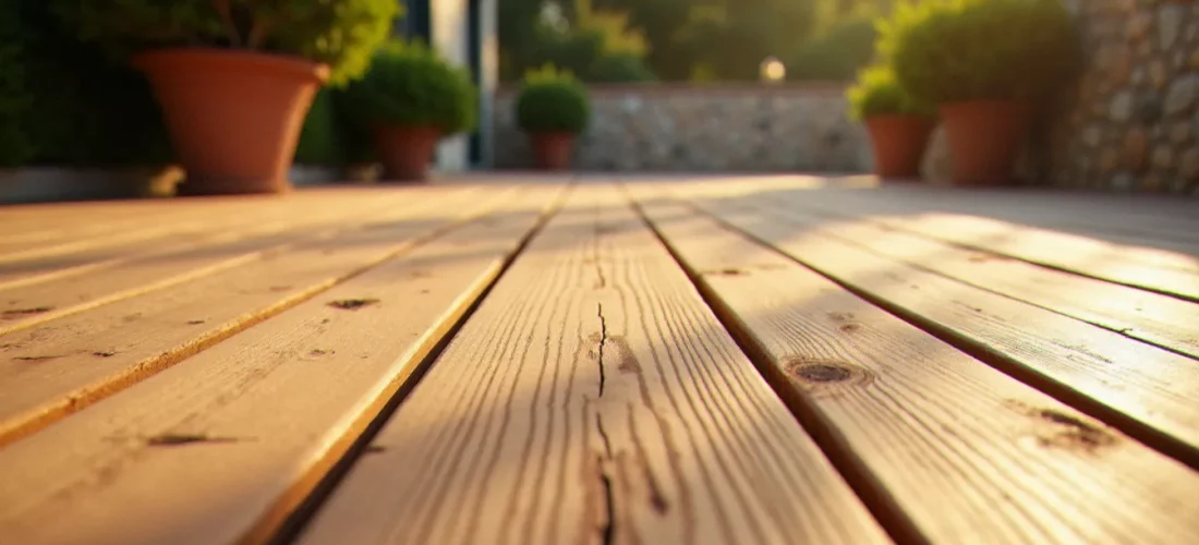 Lames de bois naturel extérieur installées en terrasse avec grain apparent, éclairage naturel chaud en lumière méditerranéenne