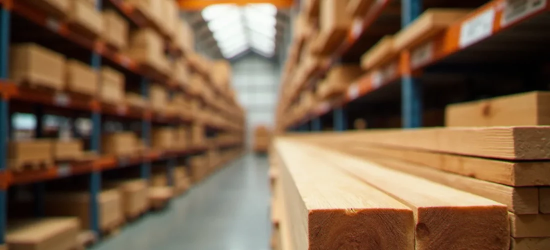 Planches de bois naturel en chêne et pin empilées dans un rayon de grande surface de bricolage, avec texture et fil du bois visibles en gros plan