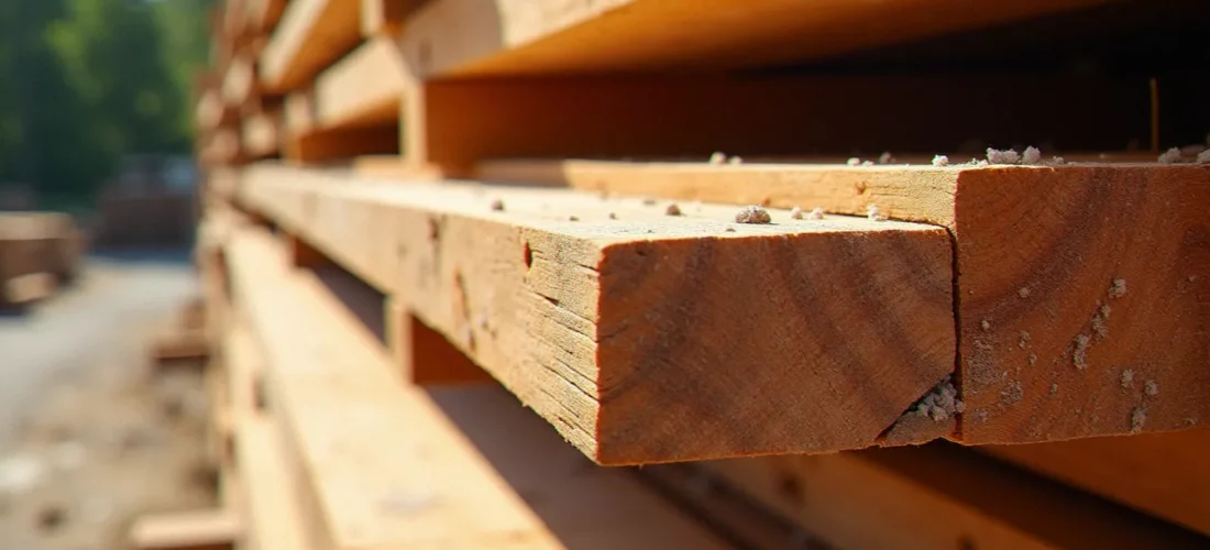 Planches de Douglas duramen empilées sur un chantier, montrant le contraste entre le bois de cœur brun-rosé naturellement classe 3 et l'aubier clair