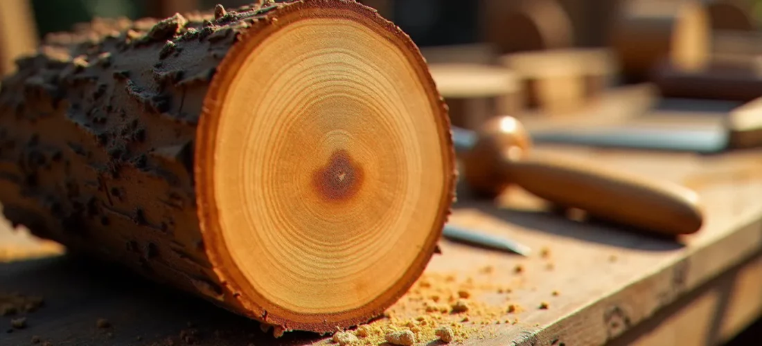 Section transversale de robinier faux-acacia montrant le duramen brun-vert caractéristique d'un bois naturellement classe 4, posé sur un établi d'artisan
