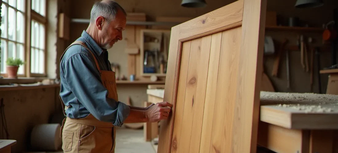 Artisan menuisier examinant une porte en bois de chêne massif dans un atelier de menuiserie, illustrant le bois prix d'une porte selon les essences