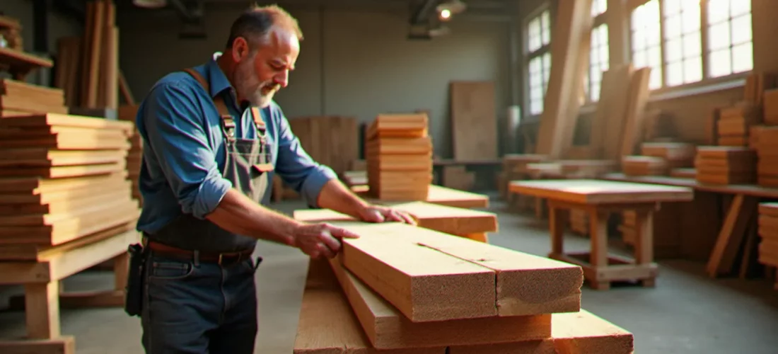Artisan bois inspectant des planches de différentes essences empilées dans un atelier professionnel, illustrant la diversité des bois et leur variation de prix