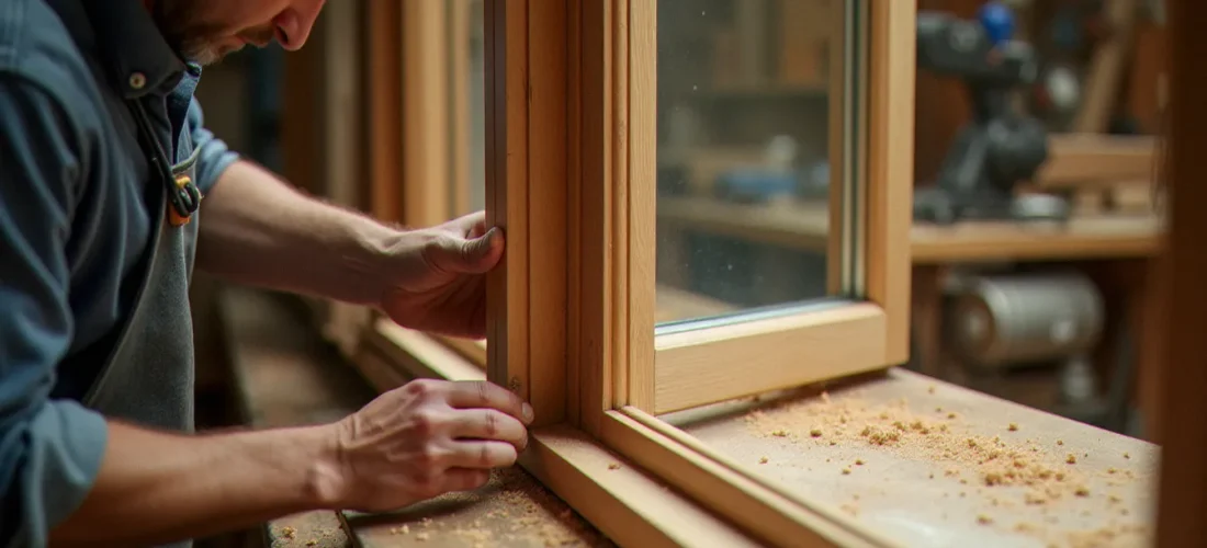 Artisan menuisier assemblant un châssis de fenêtre en bois double vitrage dans un atelier, illustrant le savoir-faire nécessaire à la fabrication d'une menuiserie bois de qualité
