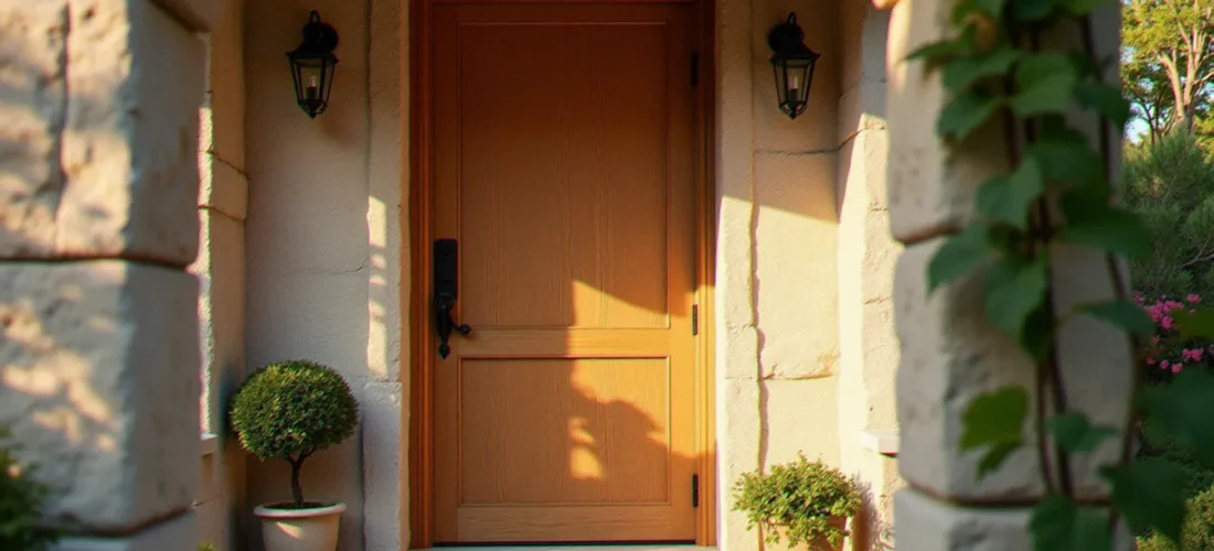 Porte d'entrée en bois de chêne massif sur maison en pierre du sud de la France, illustrant le bois prix porte d'entrée en situation réelle
