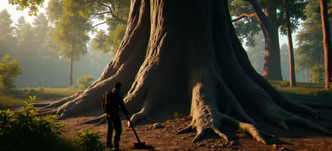 Un grand arbre à écorce sombre représentant une source de bois robuste dans l'univers de Palworld, au cœur d'une forêt dense
