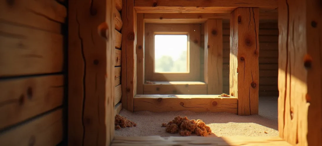 Blocs de bois sans écorce de chêne utilisés comme poutres structurelles dans une cabane rustique Minecraft, éclairage naturel et texture homogène bien visible