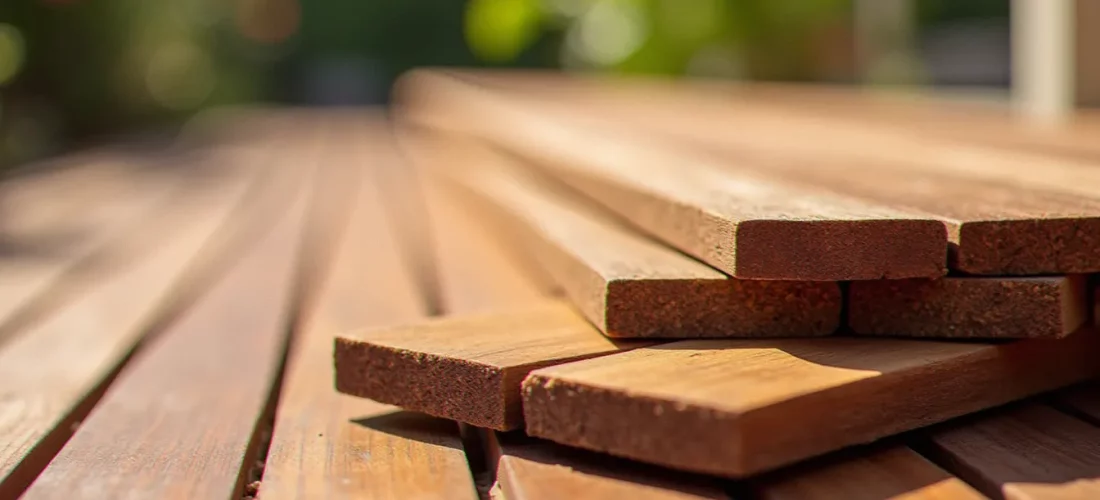 Planches de bois sans entretien empilées, montrant la qualité et le grain du bois