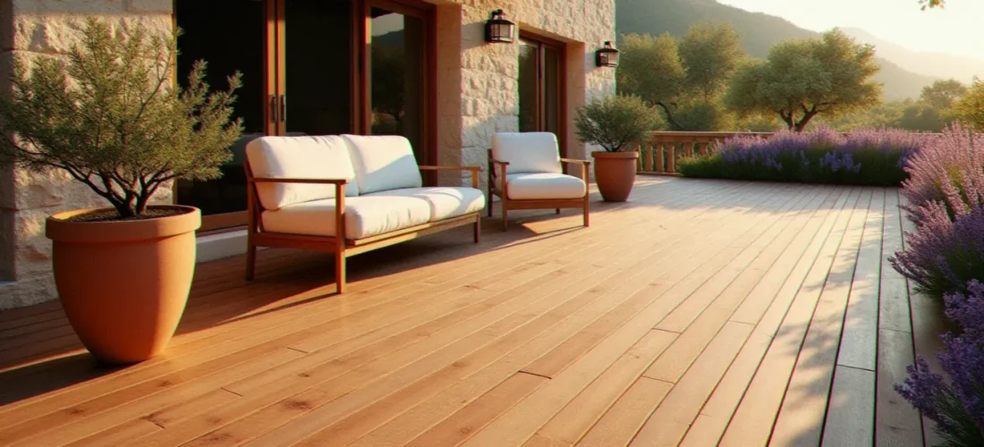 Terrasse en bois sans entretien avec lames d'ipé brun doré, mobilier blanc et végétation méditerranéenne sous soleil de fin de journée