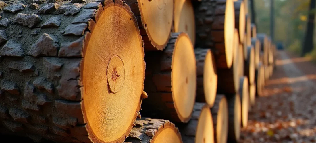 Gros bois sans feuille troisgros de chêne empilé en forêt, tronçons de fort diamètre prêts à être livrés, lumière naturelle de forêt