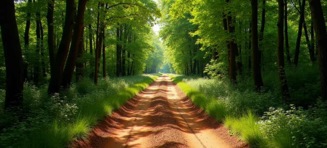 Vue d'un chemin forestier unique traversant un bois sans issue sauf une dans le sud de la France, avec des ornières dans un sol argileux rouge