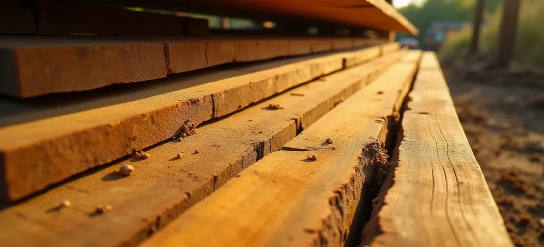 Planches de robinier fraîchement sciées empilées dans une scierie artisanale du sud de la France, illustrant le bois sans soif en 8 lettres et son grain caractéristique jaune-vert