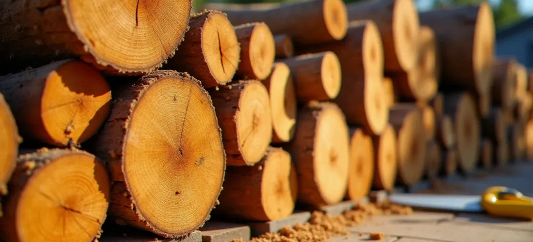 Grumes de robinier fraîchement coupées empilées dans un chantier du Languedoc, illustrant le bois sans soif selon François Perrin