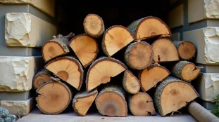 Pile de bois sans soif fendu et séché, avec extrémités craquelées caractéristiques du bois sec prêt pour le chauffage, dans un cadre rural du Forez près de Montbrison