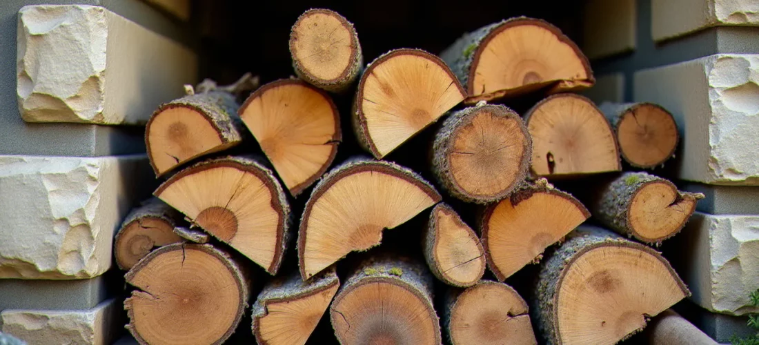 Pile de bois sans soif fendu et séché, avec extrémités craquelées caractéristiques du bois sec prêt pour le chauffage, dans un cadre rural du Forez près de Montbrison