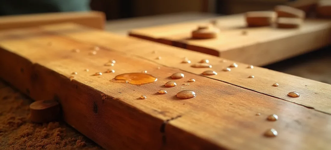 Planche de bois teck avec des gouttes d'eau perlant à la surface, illustrant les propriétés naturelles du bois sans soif