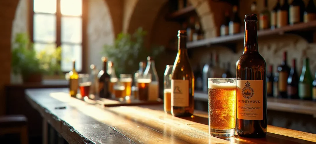 Comptoir en bois d'une cave à vins artisanale dans l'Hérault avec des bouteilles de boisson locale disposées sur un plan de travail en chêne brut