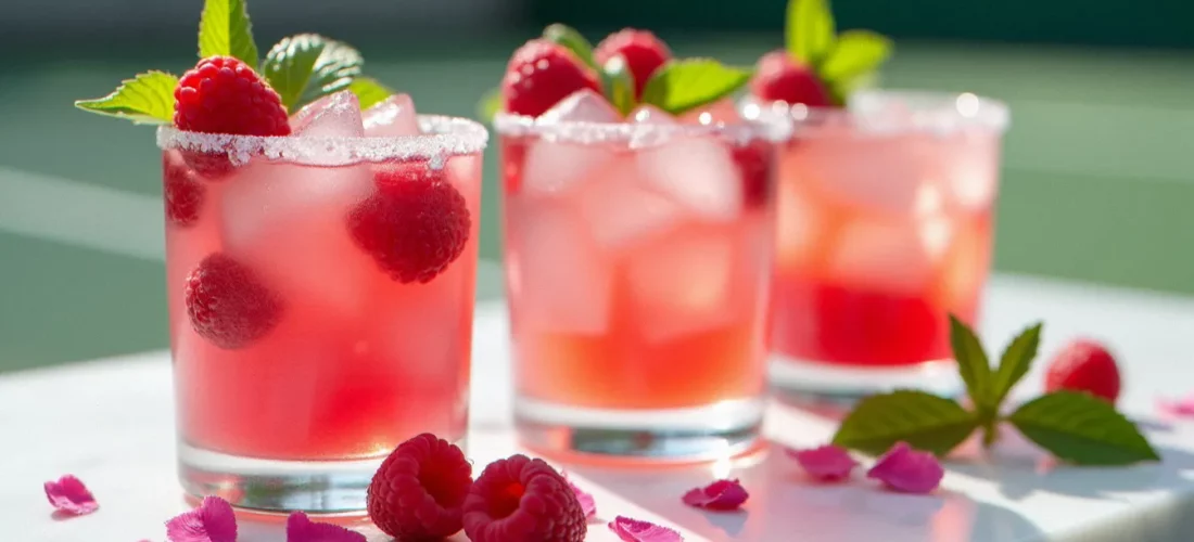 Verres à cocktail colorés inspirés des boissons Roland Garros, garnis de framboises fraîches et menthe, avec un court de tennis flou en arrière-plan