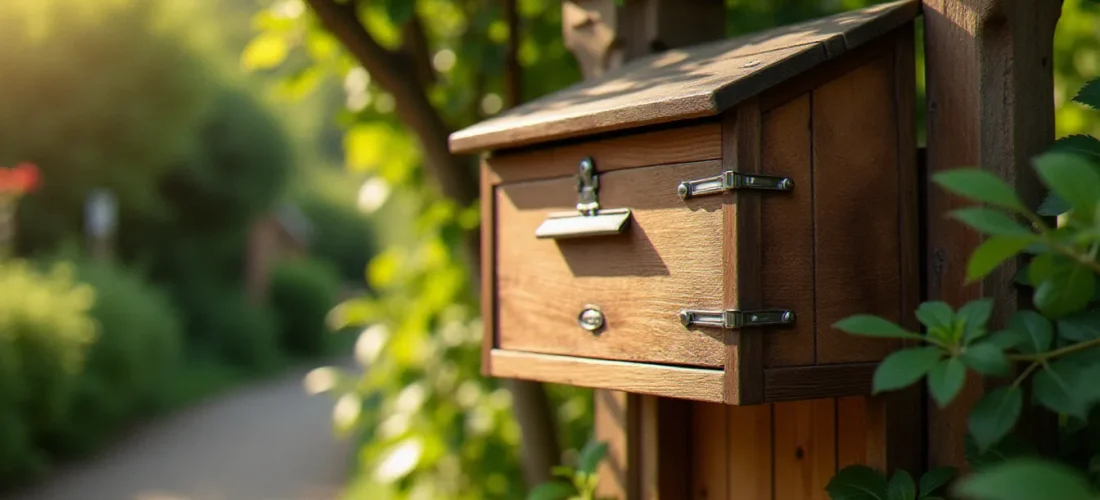 Boîte aux lettres en bois extérieur artisanale en chêne massif, montée sur un piquet bois devant une propriété de campagne française
