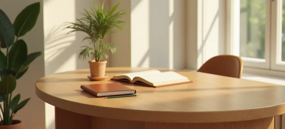 Bureau bois arrondi en chêne massif dans un bureau à domicile lumineux, bords arrondis visibles et grain du bois naturel apparent