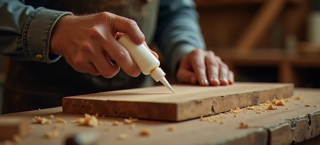 Application d'une colle bois efficace sur la tranche d'une planche en chêne dans un atelier de menuiserie