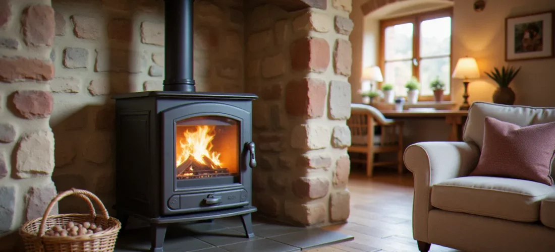 Comparatif poêle à pellet : modèle moderne installé dans un salon de mas en pierre du Languedoc avec panier de granulés au premier plan