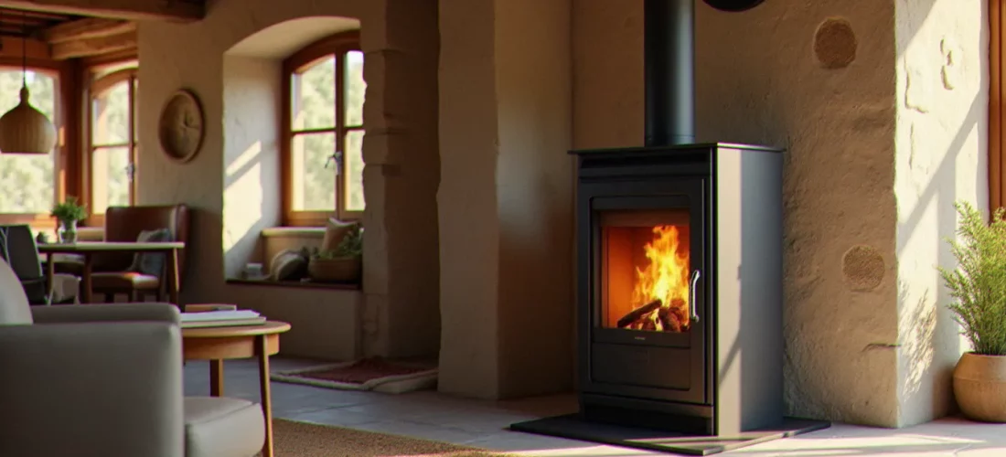 Comparatif poêle granulés : modèle moderne à pellets allumé dans un salon rustique français avec murs en pierre et poutres en bois apparentes