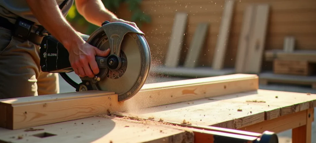 Coupeuse bois de type scie à onglet en train de couper une lame de terrasse en pin dans un atelier extérieur du sud de la France