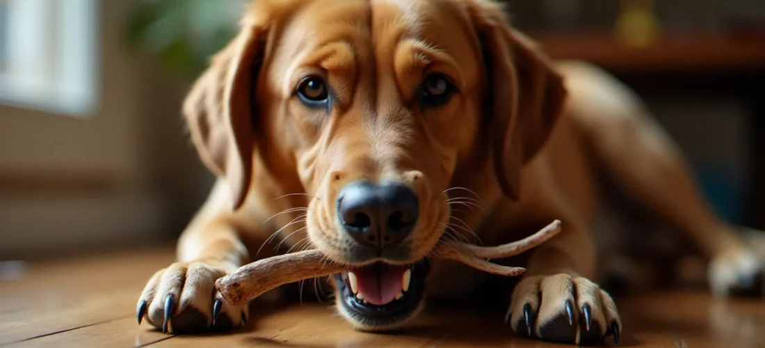 Chien labrador mâchant un bois de cerf illustrant le danger bois de cerf chien pour les dents