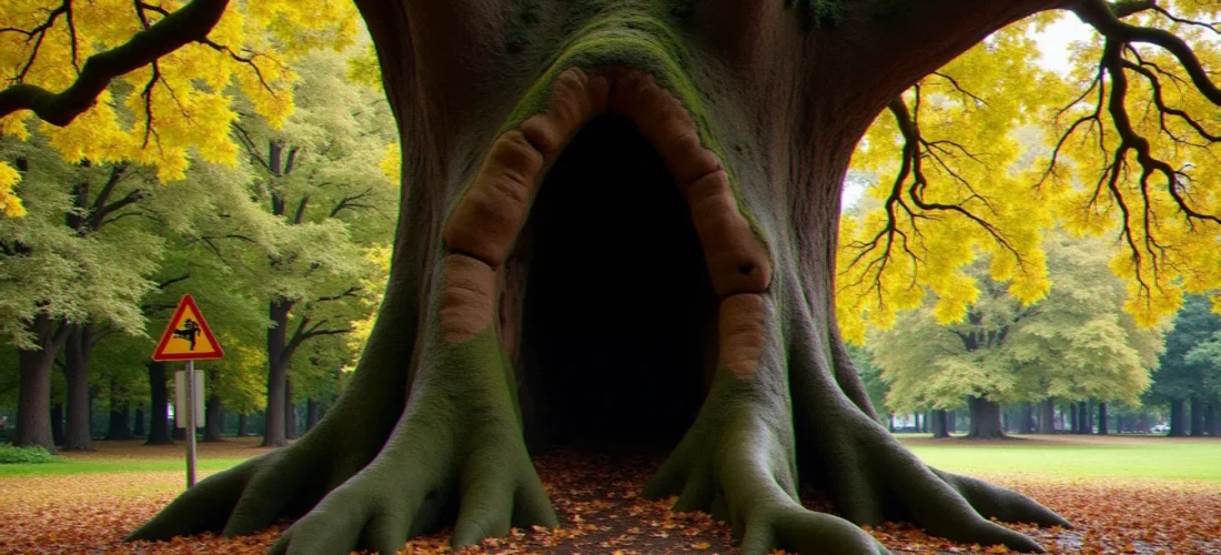 Vieux chêne au tronc creux avec champignons polypores dans le bois de Vincennes, représentant le danger potentiel des arbres dépérissants en forêt périurbaine
