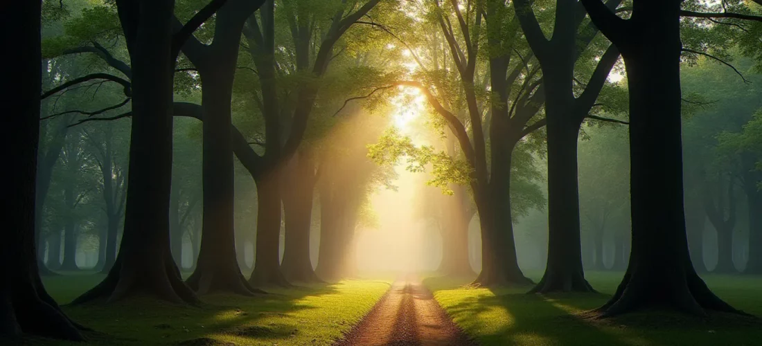 Forêt dense française à l'aube avec un chemin forestier qui disparaît dans les bois, illustration du décor de la série Dans les bois