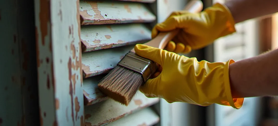 Artisan appliquant un décapant peinture bois efficace en gel sur un volet en bois avec plusieurs couches de peinture écaillée