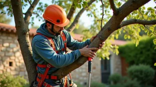 Un élagueur encordé taillant une branche de chêne vert dans un jardin de l'Hérault, illustration de l'elagage 34