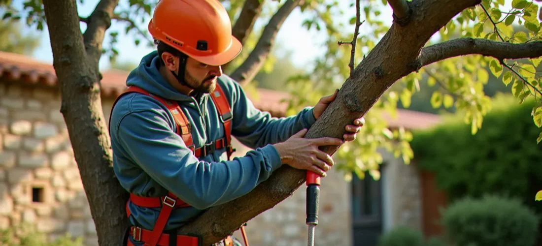 Un élagueur encordé taillant une branche de chêne vert dans un jardin de l'Hérault, illustration de l'elagage 34