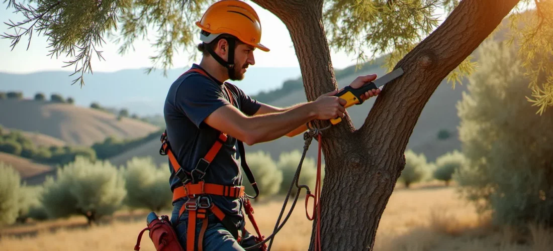 Élagueur encordé dans un olivier en train de tailler une branche dans un jardin de la vallée de l'Hérault, illustrant l'elagage vallée de l'hérault