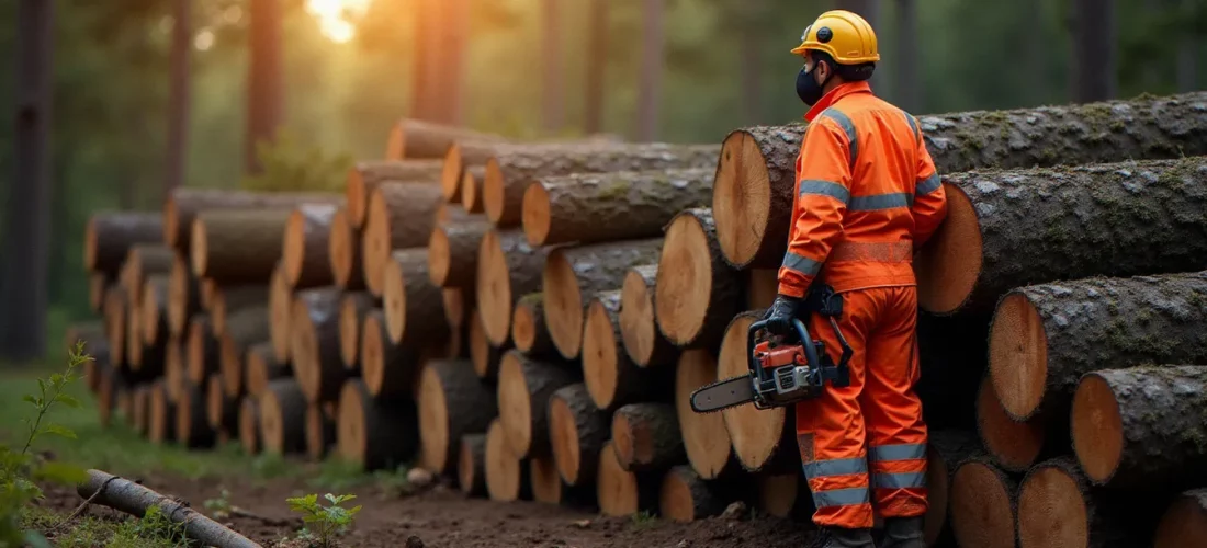 Bûcheron professionnel devant une pile de grumes de chêne en forêt française, illustrant la filière france bois forêt et la CVO