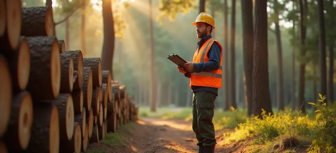 Professionnel de la filière forêt-bois en forêt française consultant des documents relatifs à la CVO France Bois Forêt obligatoire, entouré de grumes fraîchement abattues