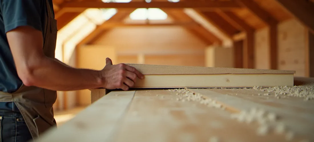 Artisan posant un panneau isolant en fibre de bois sur une charpente, illustrant la france bois isolation en pratique
