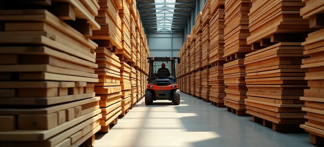 Vue d'une agence de distribution de bois et matériaux du groupe Dubois avec des piles de bois de charpente classés par essences et sections